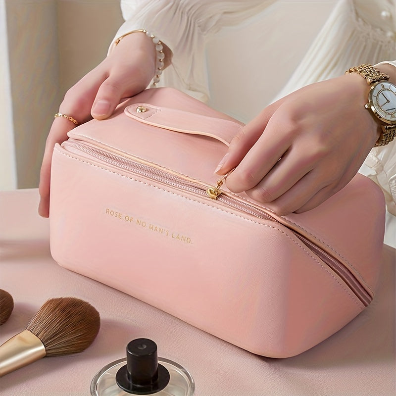 Waterproof Travel Cosmetic Bag With Dividers And Handle - Large Capacity Makeup Toiletry Bag For Women - Multifunctional Storage Bag With PU Leather Material  Christmas time