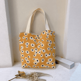 Floral Pattern Corduroy Handbag, Portable Lunch Bag For Outdoor, Snap Button Satchel Purse