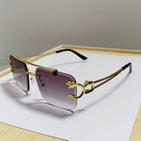 1pc Men's Trendy Square Rimless Sunglasses, Super Cool Gold Tiger Head Decoration Sunglasses Men's Driving Sunshade Anti-glare Glasses