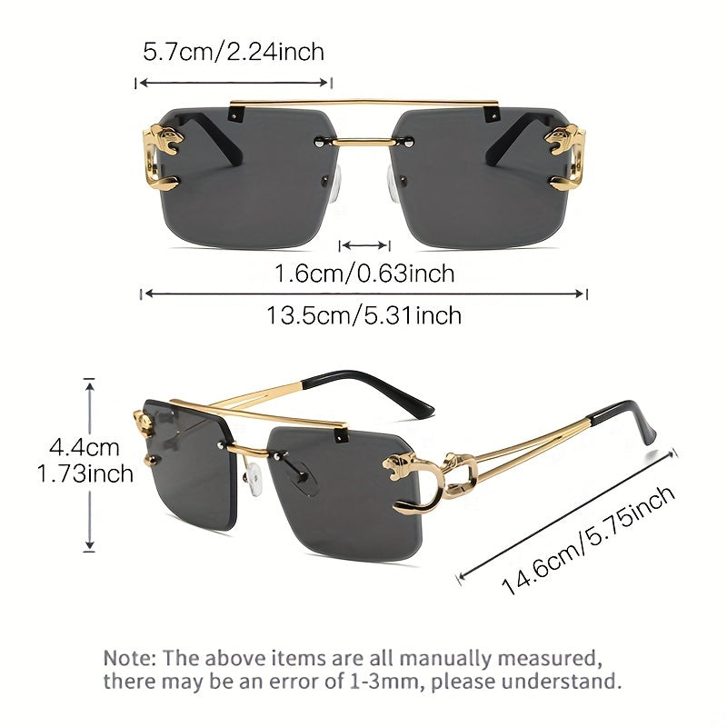 1pc Men's Trendy Square Rimless Sunglasses, Super Cool Gold Tiger Head Decoration Sunglasses Men's Driving Sunshade Anti-glare Glasses