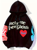 Lucky Me I See Ghosts Letter Graphic Casual Sports Sweatshirt For Halloween, Fashion Hip Hop  Pullover Hoodie, Women's Tops