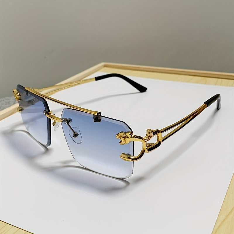 1pc Men's Trendy Square Rimless Sunglasses, Super Cool Gold Tiger Head Decoration Sunglasses Men's Driving Sunshade Anti-glare Glasses