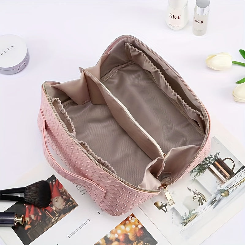 Travel Makeup Bag, Large Capacity Cosmetic Bag For Women, PU Waterproof Portable Pouch Open Flat Toiletry Bag Make Up Organizer With Divider And Handle