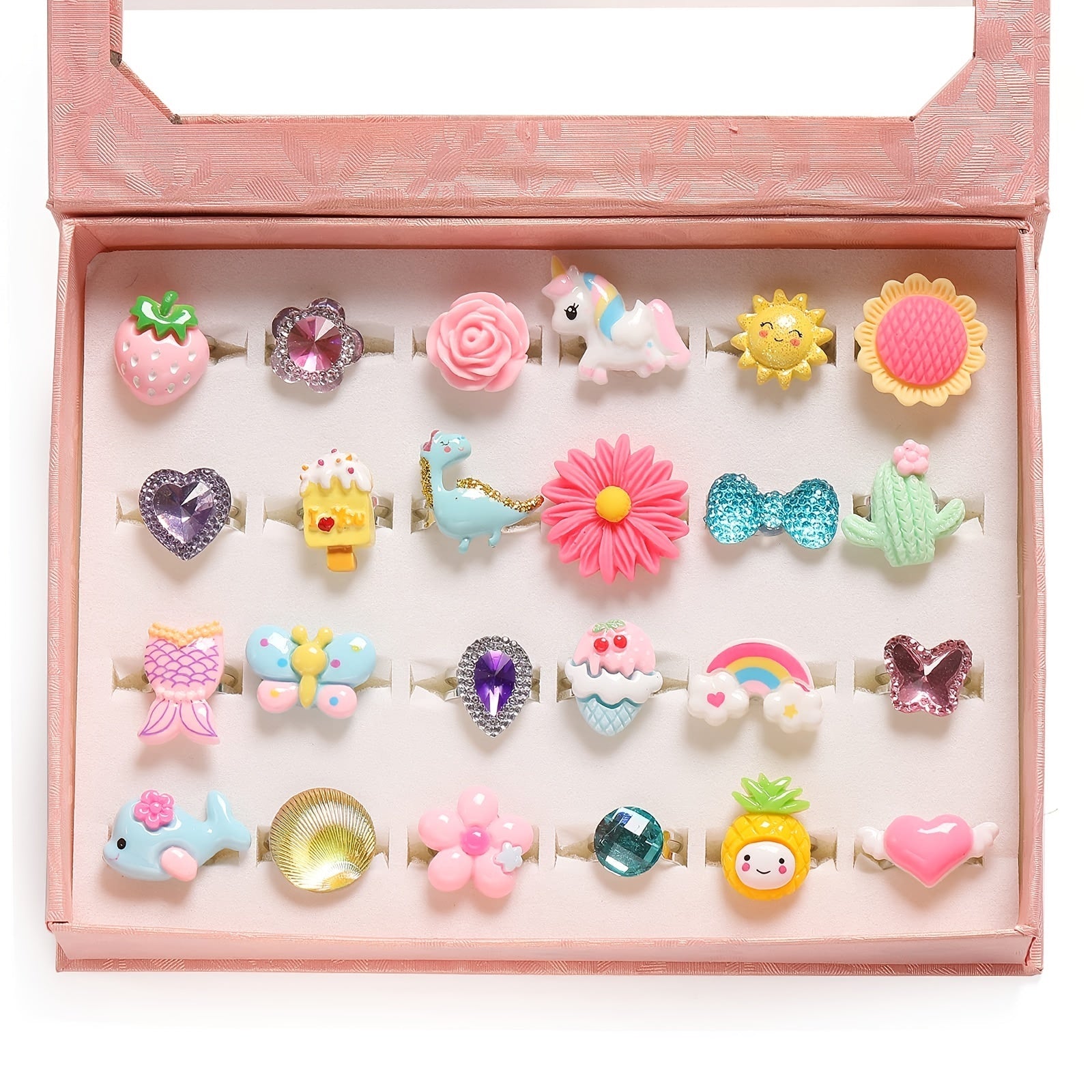 Little Girl Jewel Rings In Box, Adjustable, No Duplication, Girl Pretend Play And Dress Up Rings (24 Lovely Ring)