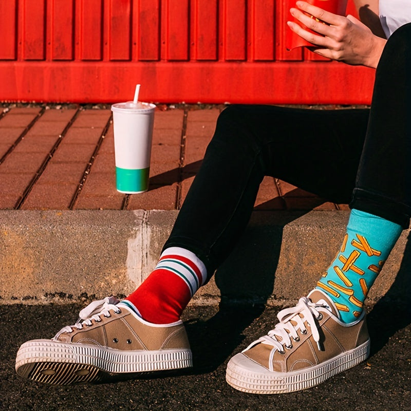 1pair Unisex Ketchup French Fries Pattern Street Style Fashion Personality AB Crew Socks, Cotton Socks, Skateboard Socks, Couple Socks, Breathable Comfy Crew Socks For Men Women