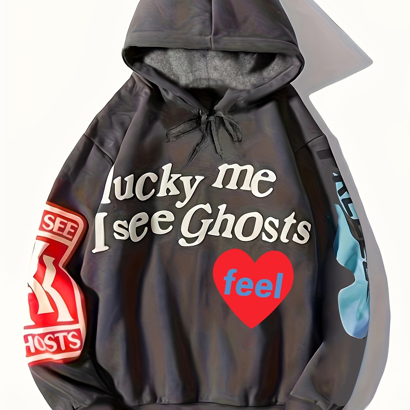 Lucky Me I See Ghosts Letter Graphic Casual Sports Sweatshirt For Halloween, Fashion Hip Hop  Pullover Hoodie, Women's Tops