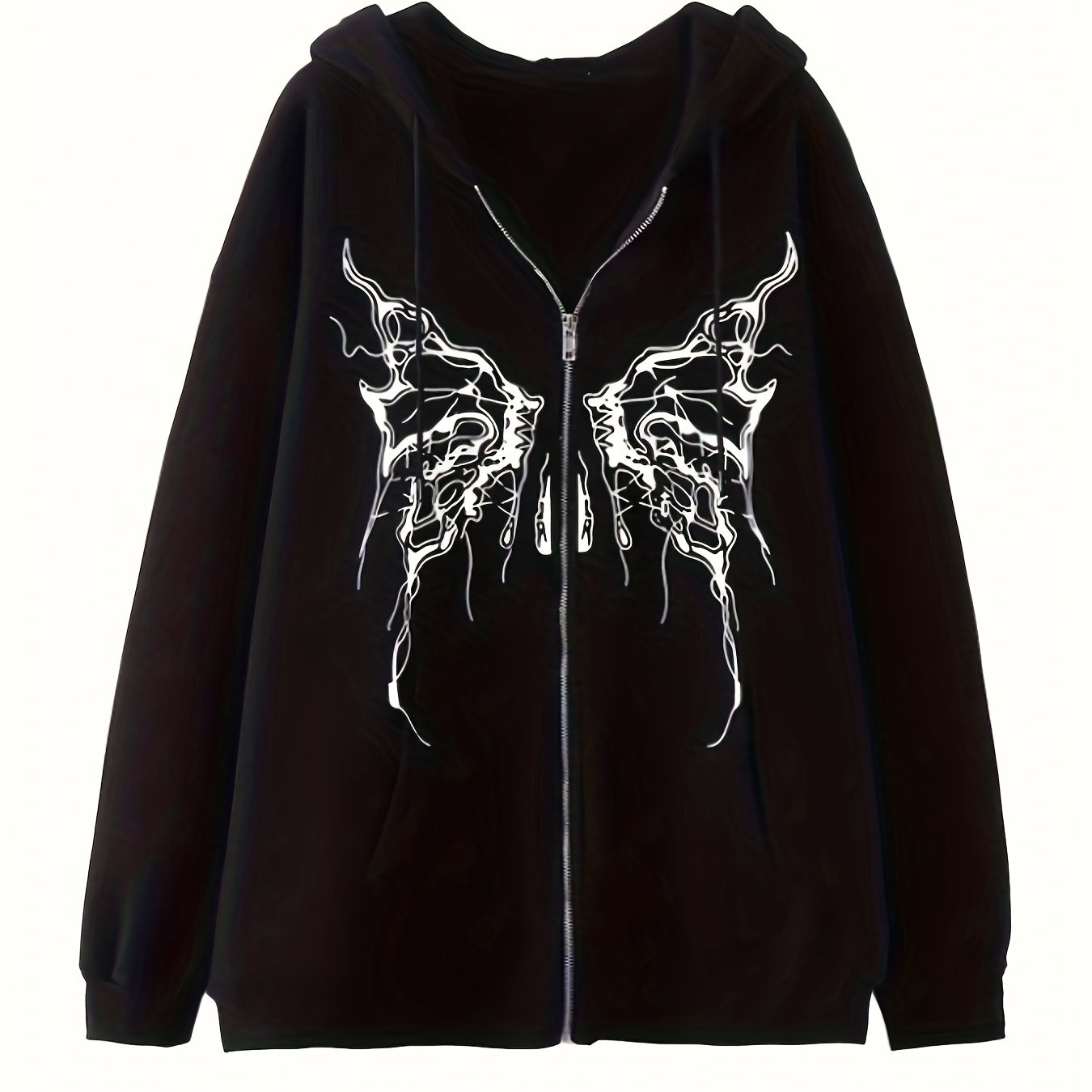 Grunge Butterfly Print Kangaroo Pocket Hoodie, Casual Long Sleeve Drawstring Hoodies Sweatshirt, Women's Clothing