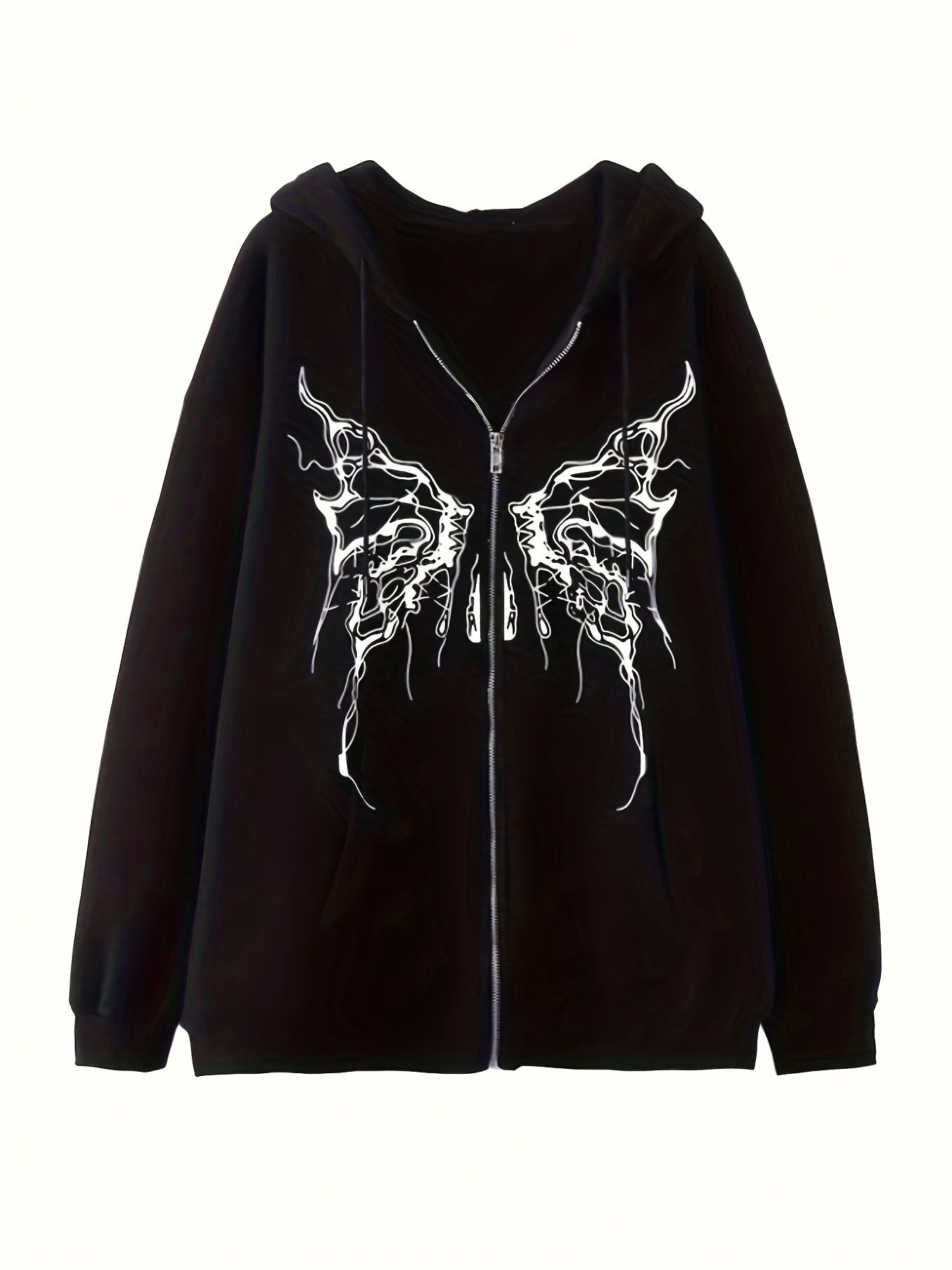 Grunge Butterfly Print Kangaroo Pocket Hoodie, Casual Long Sleeve Drawstring Hoodies Sweatshirt, Women's Clothing