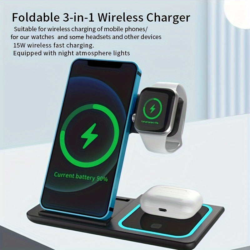 3 In 1 Fast Charging Station, Folding Wireless Charger Stand For IPhone 14,13,12,11/Pro/Max/Mini/Plus, X, XR, XS/Max, SE, 8/Plus, For IWatch 1-8, For Airpods 3/2/Pro
