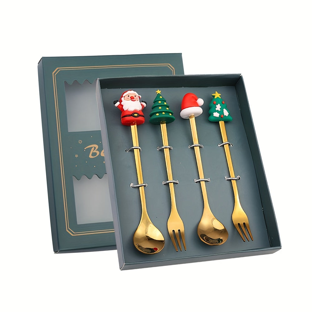 4pcs, Santa Claus Christmas Tree Cutlery Set - Festive Holiday Dinnerware for Family and Friends